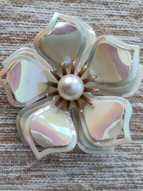 Vintage iridescent flower brooch with pearl center